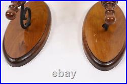 Vtg 60s Mid Century Modern MCM Pair Wood Amber Glass Candle Holder Wall Sconce