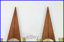 Vtg 60s Mid Century Modern MCM Set of 2 Brass Wood Diamond Wall Candle Holders