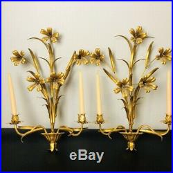 Vtg Antique Gilt Gilded Gold Floral Wall Sconce Candle Holders Tole Tassel Italy