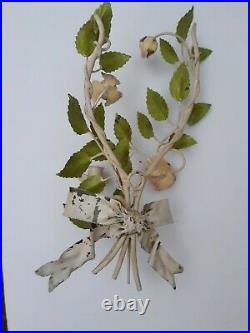 Vtg Antique Tole Metal Pink Green Floral Bow Candle Holders Wall Sconce Decor