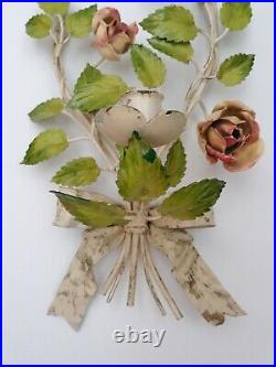 Vtg Antique Tole Metal Pink Green Floral Bow Candle Holders Wall Sconce Decor