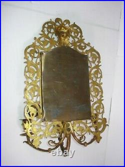 Vtg BRASS beveled MIRRORED WALL HANGING SCONCE 3-ARM pillar CANDLE HOLDERS rare