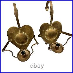 Vtg Brass Heart Candle Holders Wall Sconce Pair Table Swivel Tooled Scandinavian