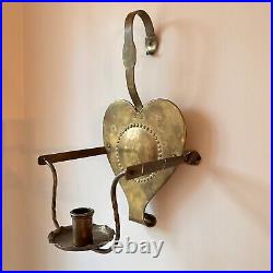 Vtg Brass Heart Candle Holders Wall Sconce Pair Table Swivel Tooled Scandinavian