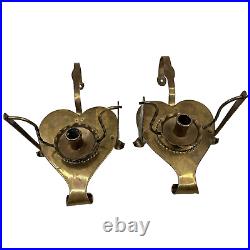 Vtg Brass Heart Candle Holders Wall Sconce Pair Table Swivel Tooled Scandinavian