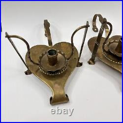 Vtg Brass Heart Candle Holders Wall Sconce Pair Table Swivel Tooled Scandinavian