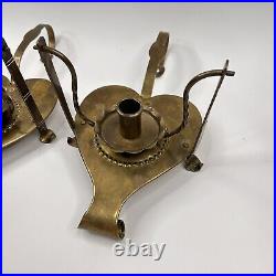 Vtg Brass Heart Candle Holders Wall Sconce Pair Table Swivel Tooled Scandinavian