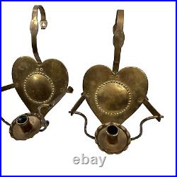 Vtg Brass Heart Candle Holders Wall Sconce Pair Table Swivel Tooled Scandinavian