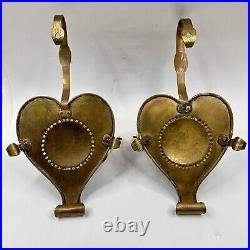 Vtg Brass Heart Candle Holders Wall Sconce Pair Table Swivel Tooled Scandinavian