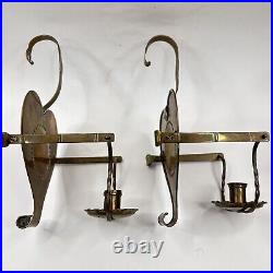 Vtg Brass Heart Candle Holders Wall Sconce Pair Table Swivel Tooled Scandinavian