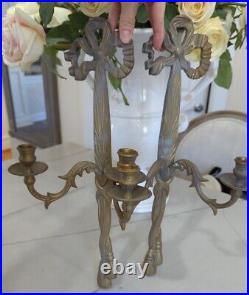 Vtg Brass Pair Candle Wall Sconces French Style Bow & Tassel Candelabra