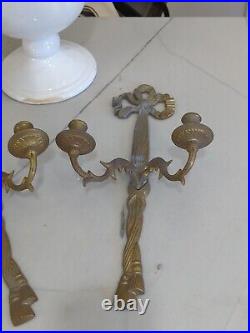 Vtg Brass Pair Candle Wall Sconces French Style Bow & Tassel Candelabra