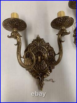 Vtg Brass Wall Hollywood Regency Electric Candle Light Sconce Pair Ornate Swan