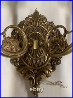 Vtg Brass Wall Hollywood Regency Electric Candle Light Sconce Pair Ornate Swan