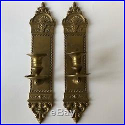 Vtg Brass Wall Sconce Pair Panel Candle Holders Neoclassical Urns Dolphins 13.5