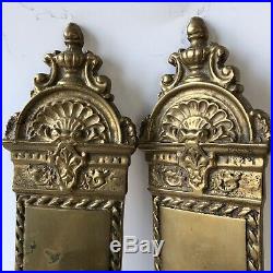 Vtg Brass Wall Sconce Pair Panel Candle Holders Neoclassical Urns Dolphins 13.5