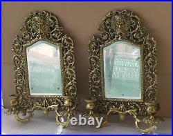 Vtg Heavy Brass Mirrored Wall Candle Holders Sconces Ornate with Face 14 Pair 2