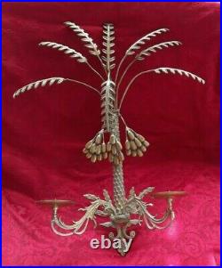 Vtg Hollywood Regency Brass Palm Tree 2-arm Wall Candle Sconce Hanging Coconuts