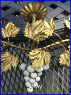 Vtg Hollywood Regency Gold Gilt Tole Metal Grapes 3 Arm Wall Sconce Candelabra