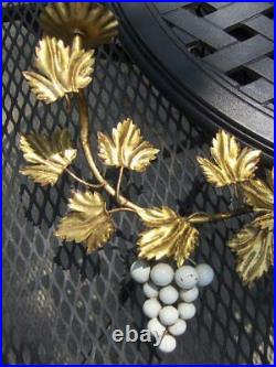 Vtg Hollywood Regency Gold Gilt Tole Metal Grapes 3 Arm Wall Sconce Candelabra