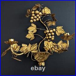 Vtg Italian Gold Metal Tole Toleware Grape Leaf Candle Holder Wall Sconce Set 2