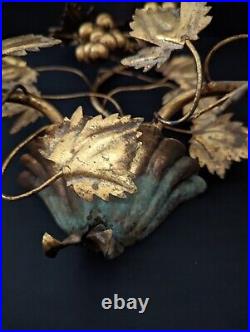 Vtg Italian Gold Metal Tole Toleware Grape Leaf Candle Holder Wall Sconce Set 2