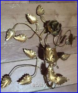 Vtg Italian Pair Gold Gilt Rose Leaf Candle Holder Wall Sconce Italy Regency