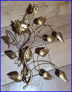 Vtg Italian Pair Gold Gilt Rose Leaf Candle Holder Wall Sconce Italy Regency
