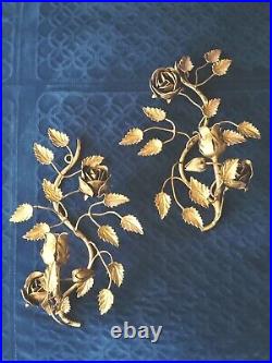 Vtg MCM Italian Pair Gold Gilt Rose Leaf Candle Holder Wall Sconce Italy Regency