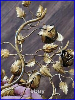 Vtg MCM Italian Pair Gold Gilt Rose Leaf Candle Holder Wall Sconce Italy Regency