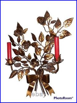Vtg MCM Italy Gold Gilt Metal Roses Leaves 2 Candle Holder Wall Sconce Regency