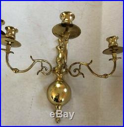 Vtg Marked EB Solid Brass 3 Arms Colonial Style Wall Candelabra Sconces
