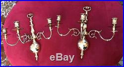 Vtg Marked EB Solid Brass 3 Arms Colonial Style Wall Candelabra Sconces