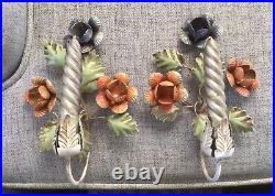 Vtg Metal Toleware Sconces w Candles Chippy Shabby Pair Painted