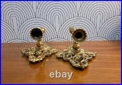 Vtg Mid Century Hollywood Regency Plated Brass Wall Sconce Candle HolderPair