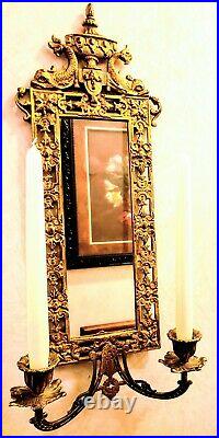 Vtg. Neo Classical Wall Sconce Koi Fish Scroll Mirrored Candle HolderBrass Metal