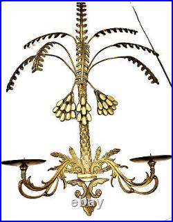 Vtg ORNATE Brass Palm Tree Fronds 3D Wall Sconce 2-Arm Candle Hollywood Regency