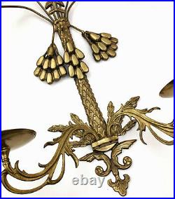 Vtg ORNATE Brass Palm Tree Fronds 3D Wall Sconce 2-Arm Candle Hollywood Regency