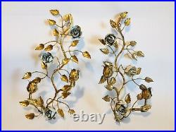 Vtg PAIR GILT GOLD TOLE ITALY Cabbage White ROSE WALL SCONCE CANDLEHOLDERS 15x9