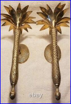 Vtg Pair Brass Pineapple Palm Tree Candle Wall Sconces Hollywood Regency 16