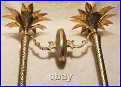 Vtg Pair Brass Pineapple Palm Tree Candle Wall Sconces Hollywood Regency 16