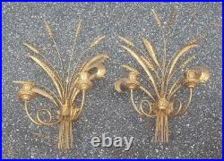 Vtg Pair Hollywood Regency Wheat Sheaf Wall Candle Holder Sconces Gold Gilt MCM