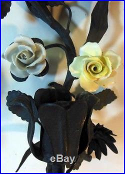 Vtg Pair ITALIAN Wall Sconces Candleholders Metal Tole Porcelain Flowers Roses