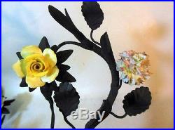 Vtg Pair ITALIAN Wall Sconces Candleholders Metal Tole Porcelain Flowers Roses