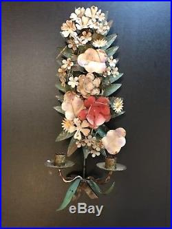 Vtg Pair Metal Tole Painted Flowers Leaves Sconce Wall Candle Holder Italian