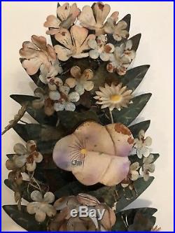 Vtg Pair Metal Tole Painted Flowers Leaves Sconce Wall Candle Holder Italian