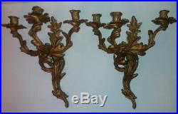 Vtg Pair Of Art Nouveau Triple 3 Arm Metal Candle Holders Candleabra Wall Sconce