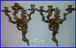 Vtg Pair Of Art Nouveau Triple 3 Arm Metal Candle Holders Candleabra Wall Sconce