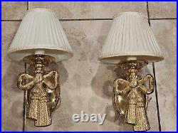 Vtg Pair Of Elegant Brass Tassel & Bow Shaped Heavy Wall Sconces Lamp