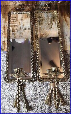 Vtg Pair Solid Brass Wall Sconces Candle Stick Holder Roped Frame Mirror 17 MCM